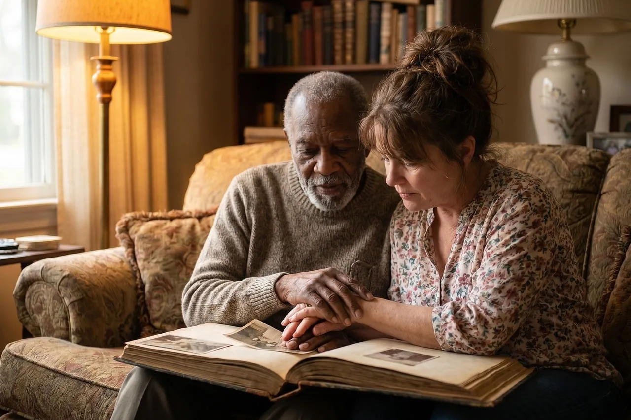 elderly, couple, comfortable couch, black and white photo, memories, smile, lamp, home library, care, generation gap, family coziness, emotional moment, household, love, intimacy, holding hands, diversity, home comfort, family care. Home care agency expansion compared with what actually happens