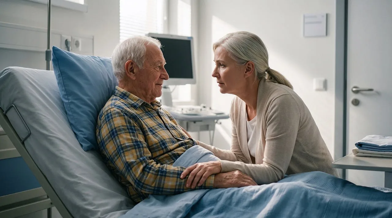 hospital, patient, visit, support, comfort, illness, recovery, elderly, bedside, care, love, health, medical, holding, hands, ward, senior, empathy, family, companion, ai generated. Pay rates in a home care agency, with the on-costs