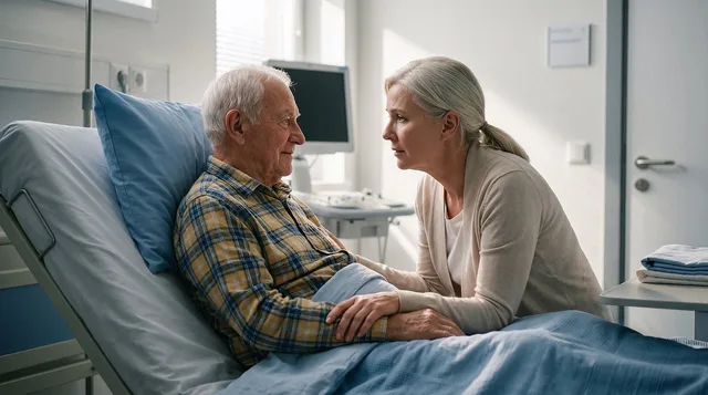 hospital, patient, visit, support, comfort, illness, recovery, elderly, bedside, care, love, health, medical, holding, hands, ward, senior, empathy, family, companion, ai generated. Pay rates in a home care agency, with the on-costs