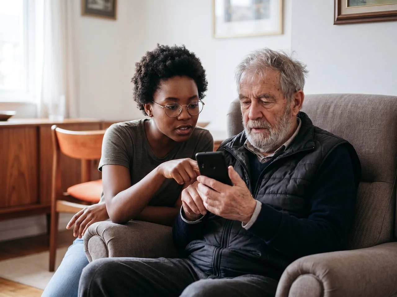 intergenerational, technology, smartphone, learning, assistance, guidance, home, elderly, youth, connection, digital literacy, support, collaboration, indoors, communication, teaching, modern, help, diversity, lifestyle. Profitable home care agency services worth offering