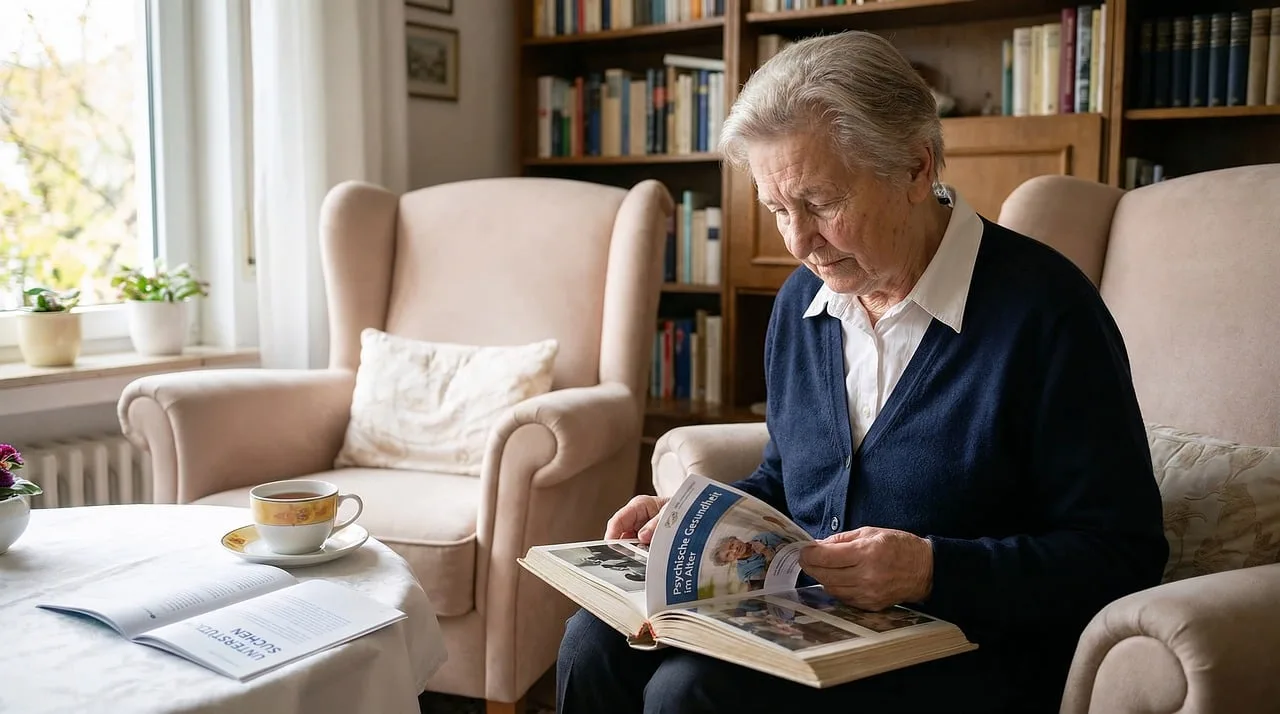 elderly, woman, photo album, nostalgia, memories, reading, cozy, living room, armchair, bookshelf, afternoon, peaceful, reflection, cardigan, teacup, home, interior, heritage, quiet, domestic, ai generated. How to start home care: six startup decisions in order